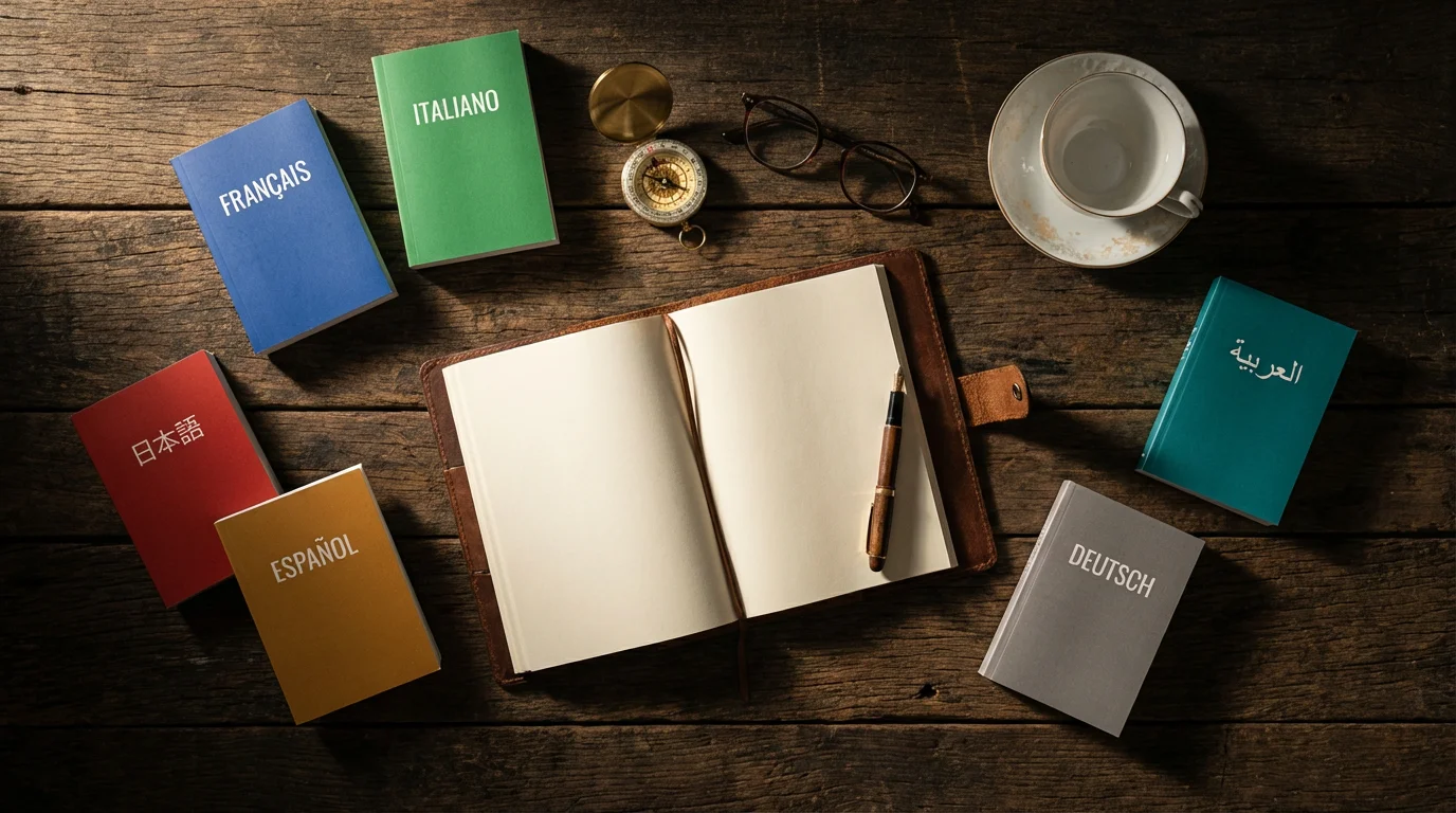 A flat lay of language dictionaries, a journal, a compass, and a teacup.