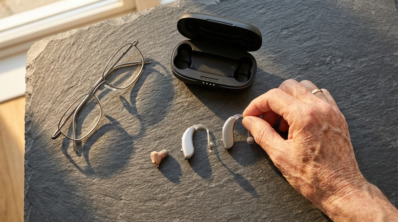A flat lay of modern hearing aids, glasses, and a senior's hand.