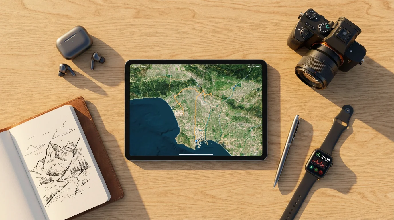 A flat lay of modern technology like a tablet, camera, and smartwatch for planning retirement adventures.