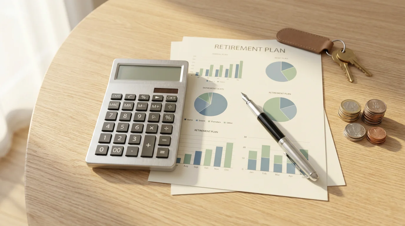 A flat lay of retirement financial planning with a calculator, charts, house keys, and coins.