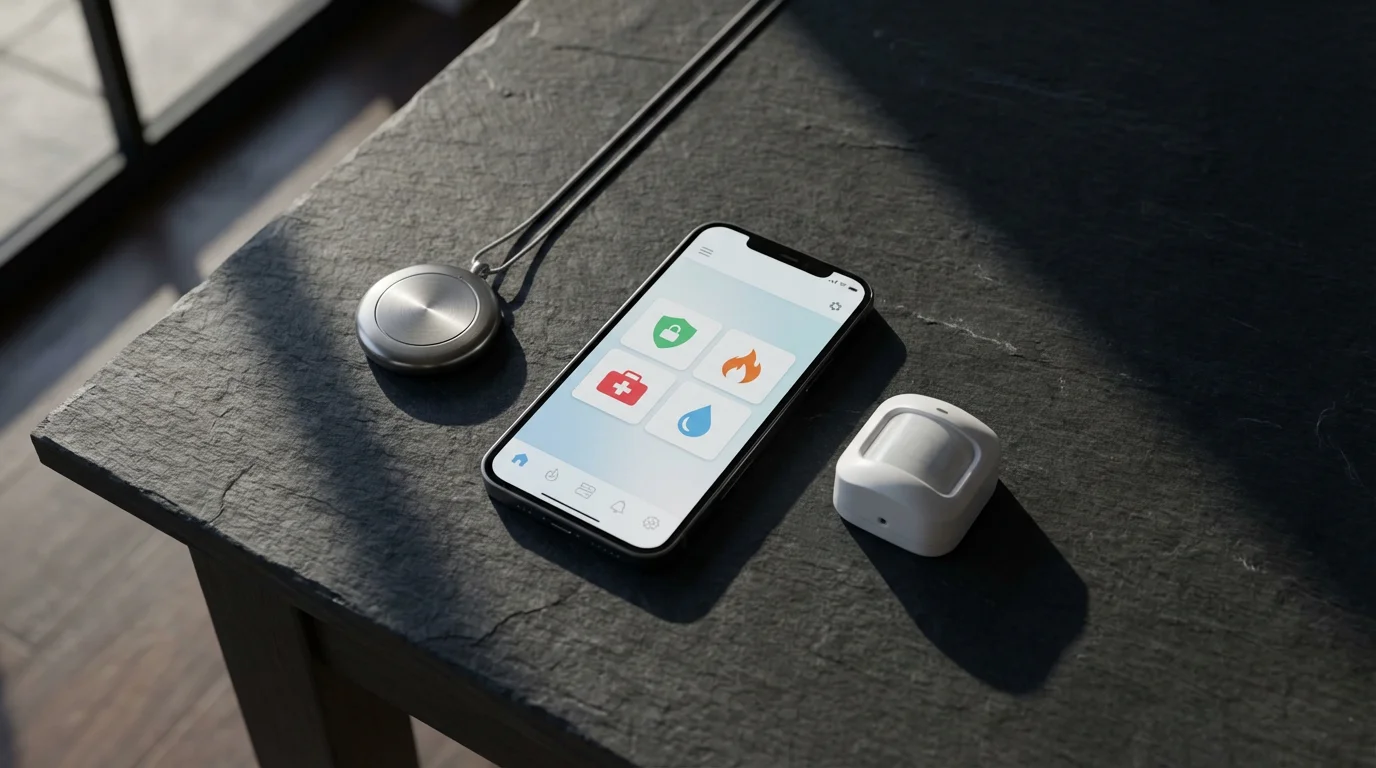 A flat lay of smart home safety devices, including a phone and fall detector.