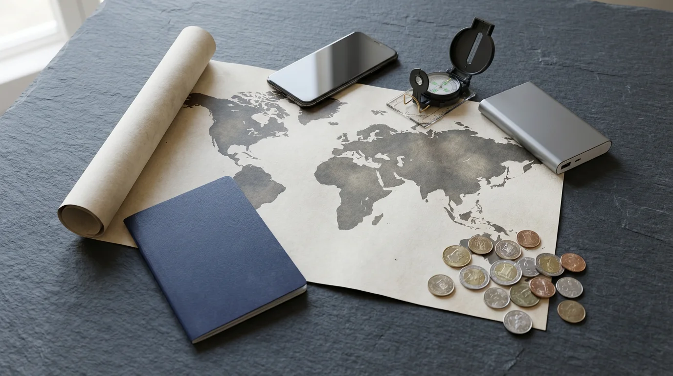 A flat lay of smart travel essentials including a world map, passport, and smartphone.