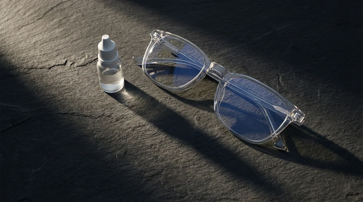 A flat lay of stylish blue light glasses and eye drops with long afternoon shadows.