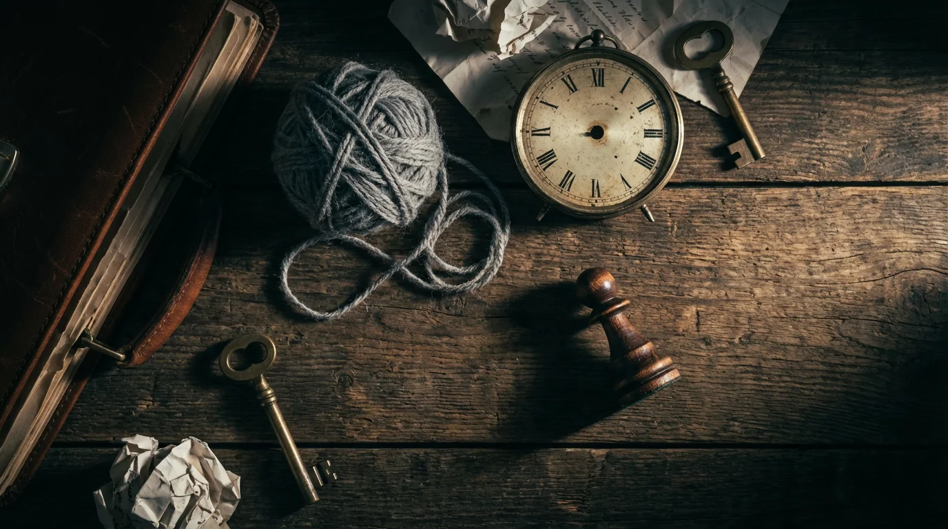 A flat lay of tangled yarn, a clock face without hands, and a lone chess pawn.