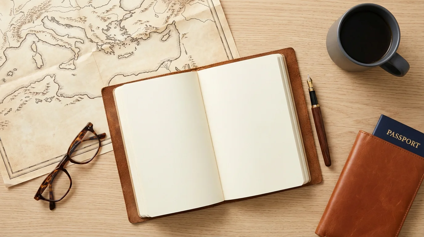 A flat lay of travel planning items including a map, a journal, and coffee.