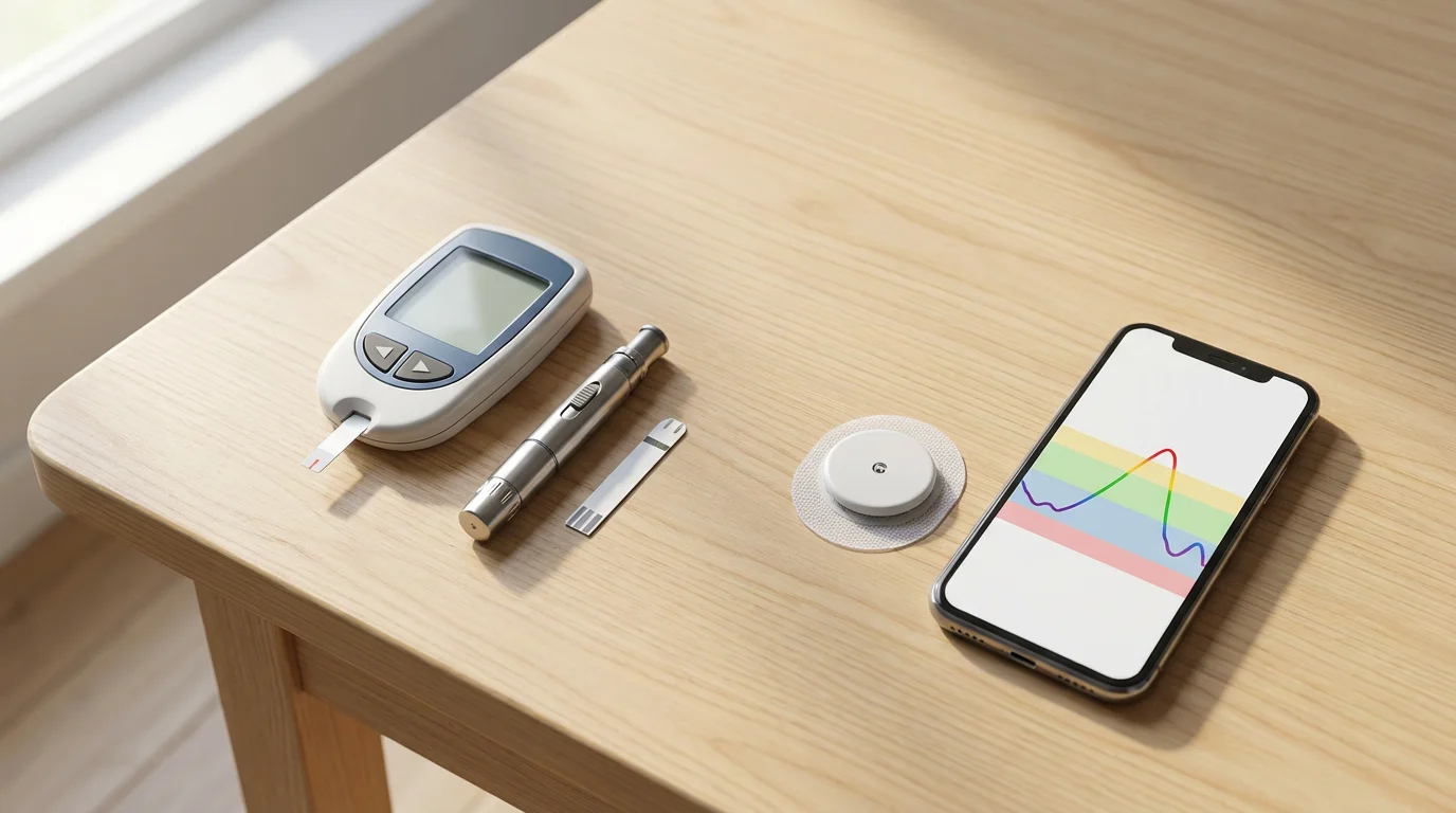 A flat lay photo showing the evolution from older glucometers to modern CGM sensors.