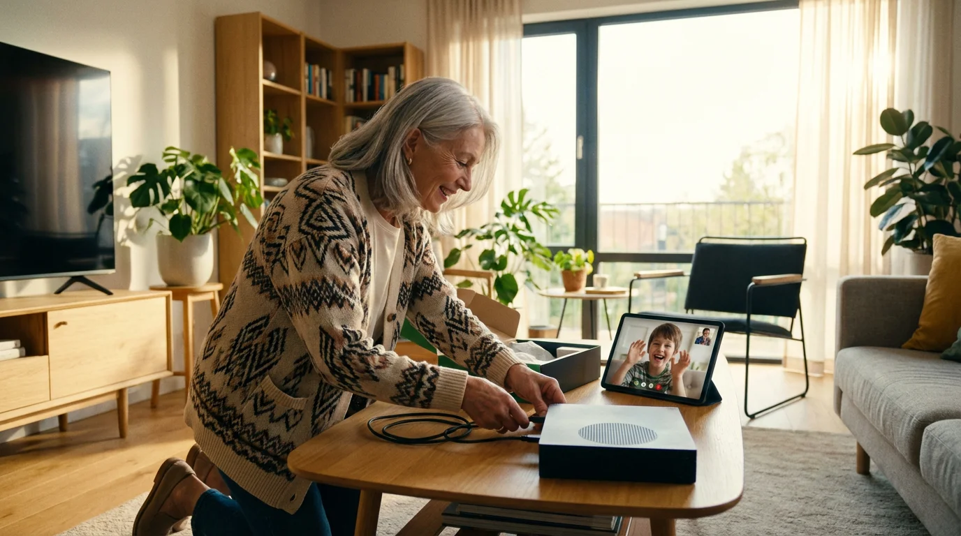 A grandmother unboxes a new game console in her living room while video-chatting with her grandson.