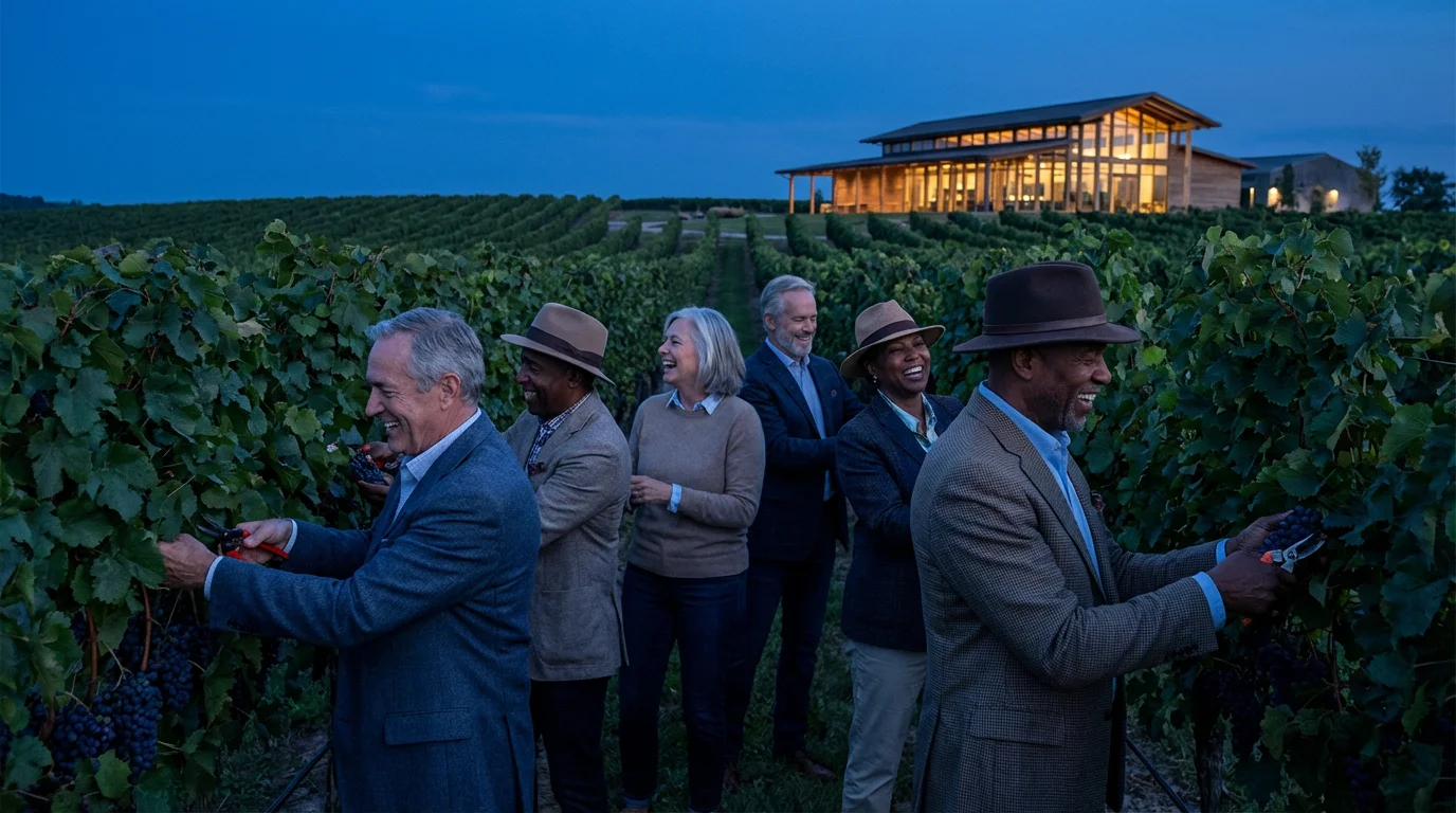 A group of people harvesting grapes in a vast vineyard at twilight.