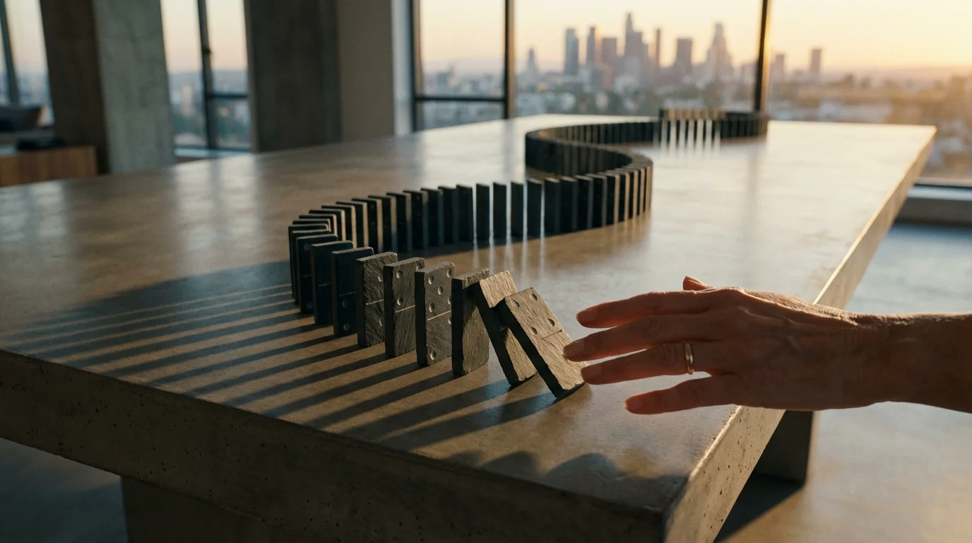 A hand carefully removes a single teetering domino, preventing a long chain from falling.