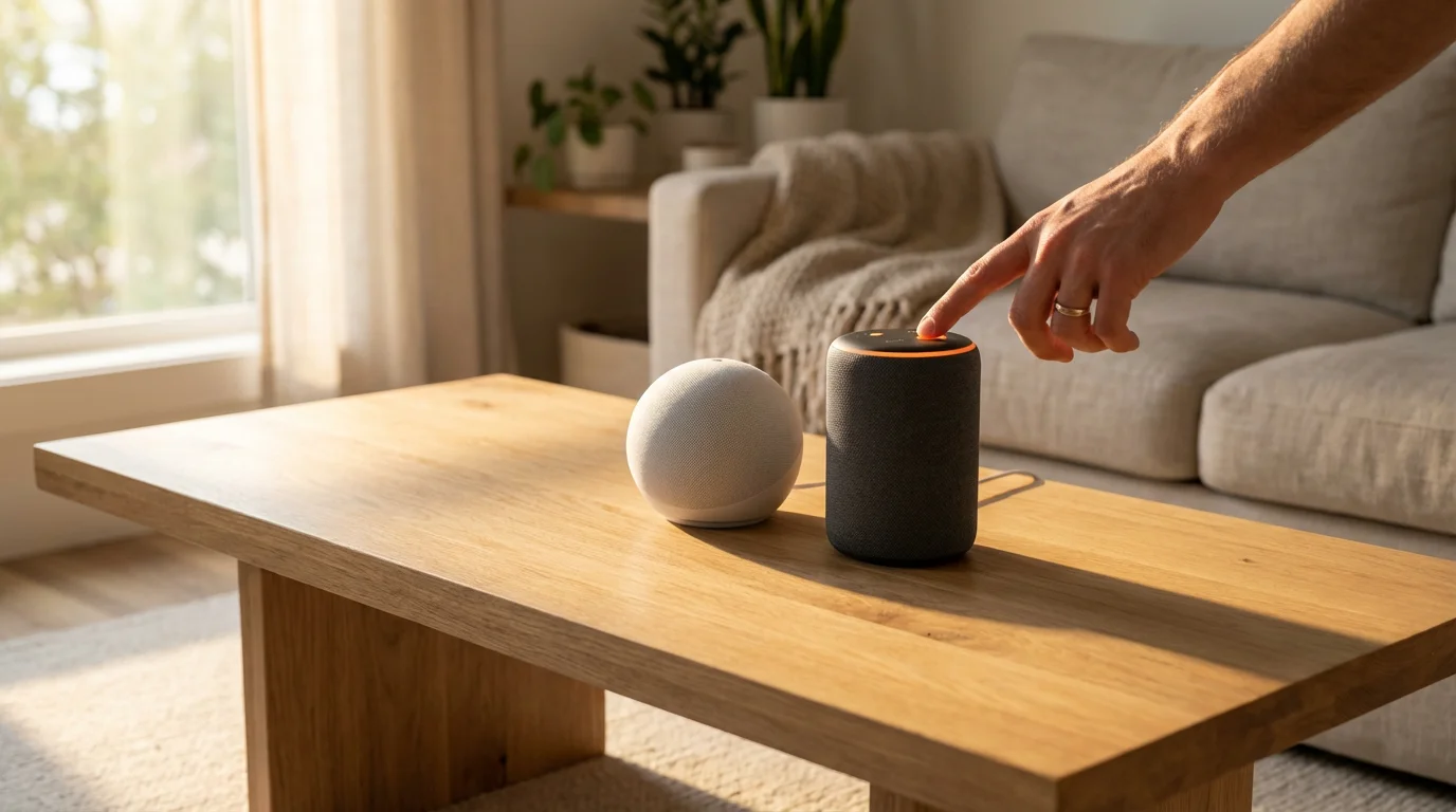 A hand presses the mute button on a generic smart speaker on a coffee table.