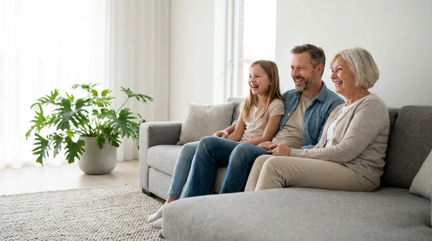A happy multi-generational family watching television together on a sofa in a modern living room.