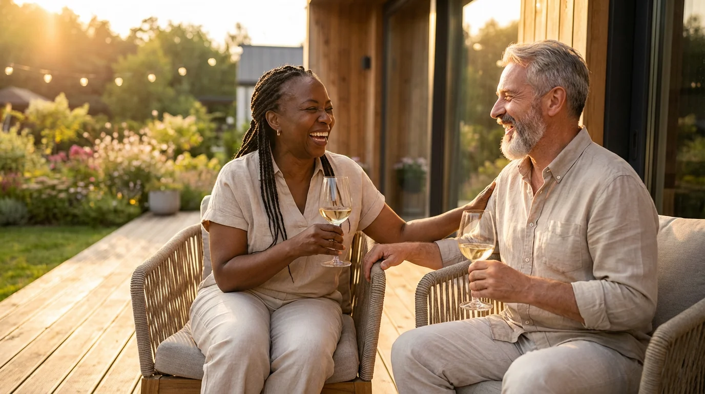 A happy multiracial senior couple enjoying wine on their home's deck at sunset.