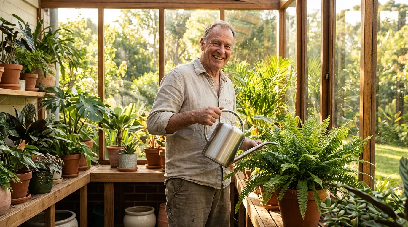 A happy retired man waters lush plants in a modern, sun-filled room while house sitting.