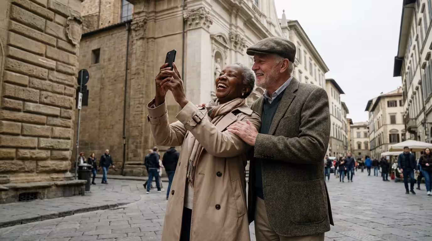 A happy senior couple dressed for travel explores a historic cobblestone street in Europe.