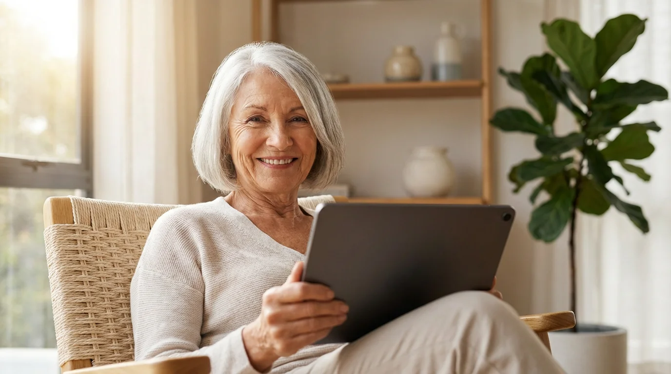 A happy senior woman sits in an armchair, smiling while using a digital tablet.
