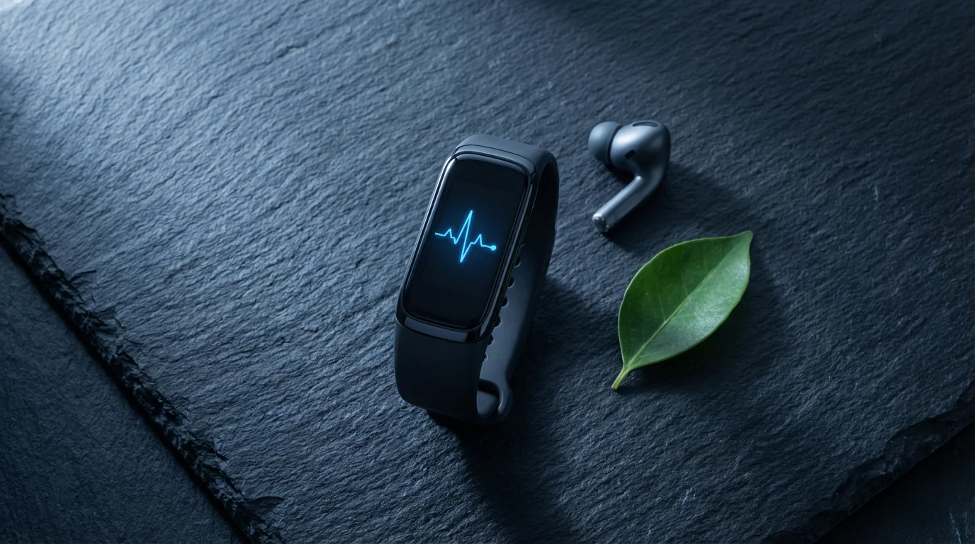 A high-angle flat lay of a futuristic activity tracker and health symbols at dusk.