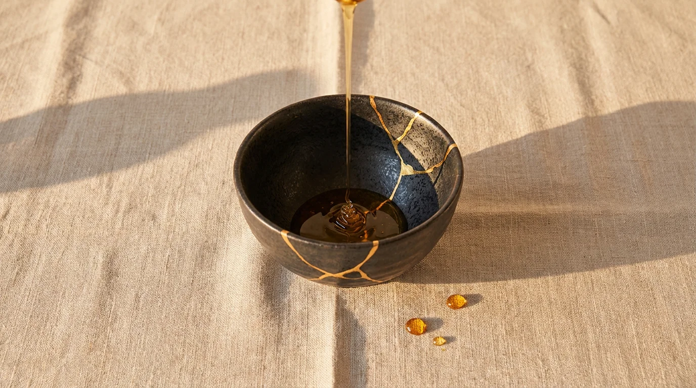A high angle photo of a Kintsugi bowl being filled with golden honey.