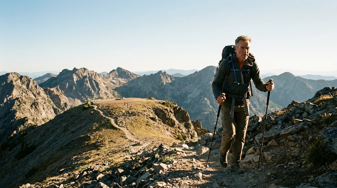 A hiker in their 50s nearing a mountain summit during a golden afternoon.