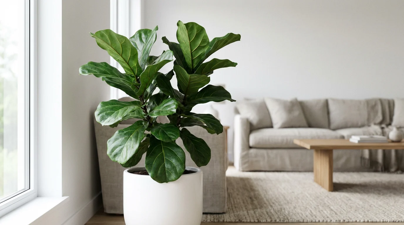 A large, healthy Fiddle Leaf Fig tree in a modern living room.