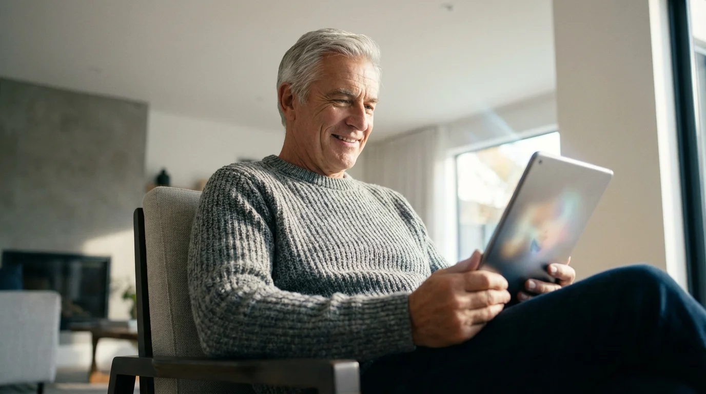 A low angle photograph of a senior man sitting in a chair using a tablet.