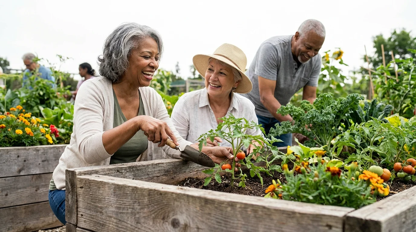 A low angle shot of diverse seniors enjoying a community gardening workshop together.