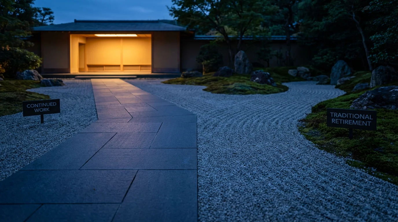 A low angle view of a garden path splitting into two directions at dusk.