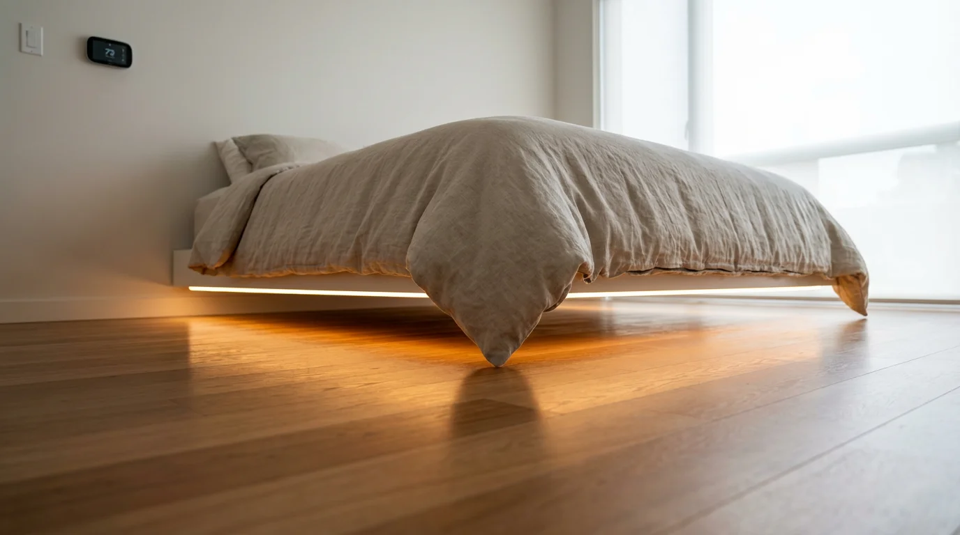 A low angle view of a modern bedroom with smart LED lighting under the bedframe.