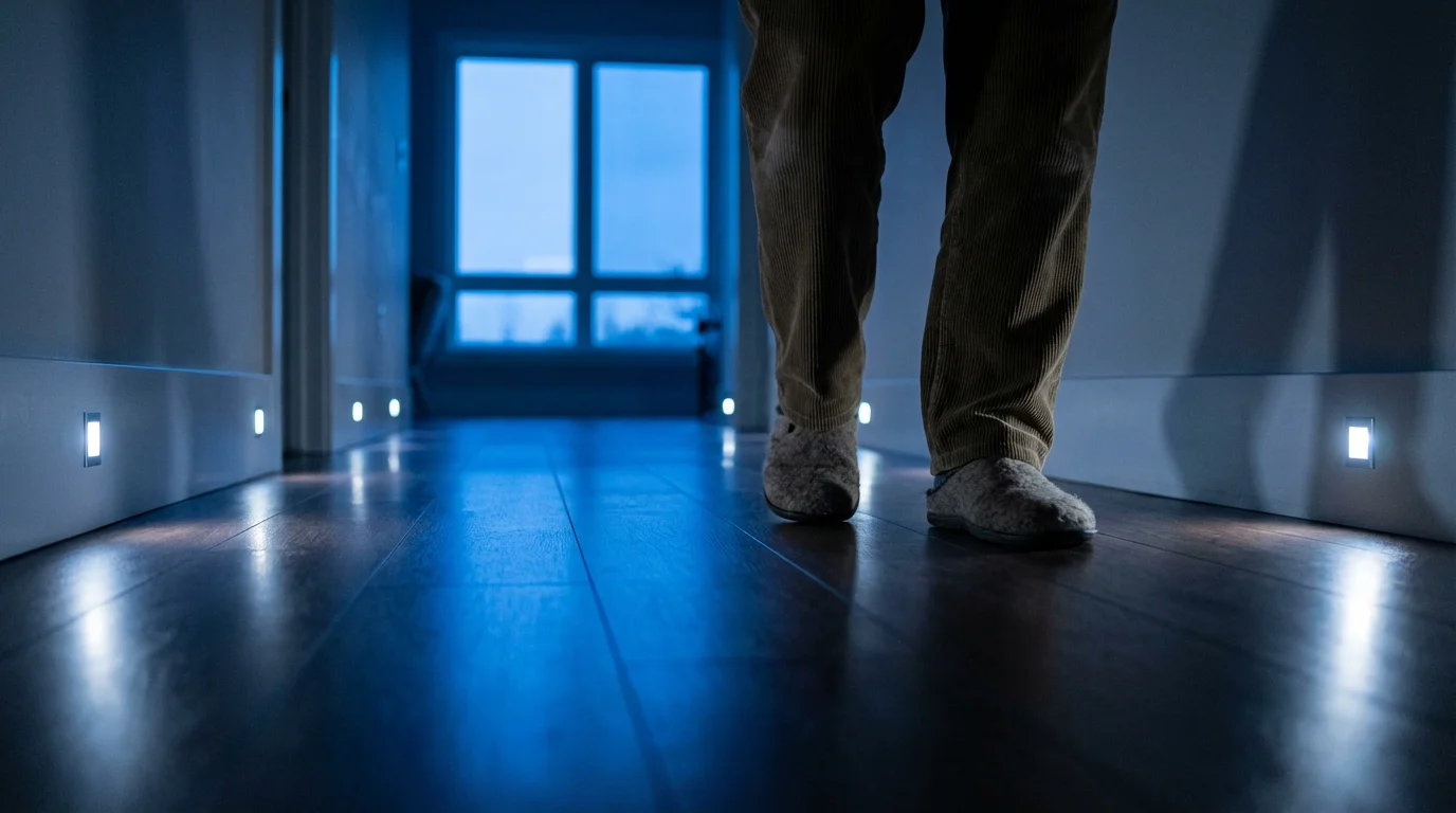 A low angle view of motion-activated safety lights illuminating a hallway path for someone.