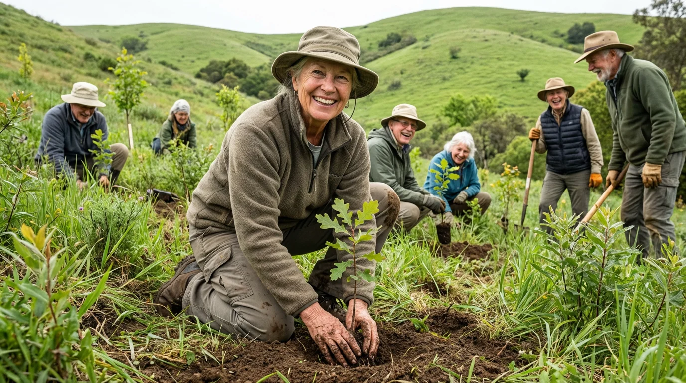 A low angle view of older volunteers planting tree saplings on a green hillside.