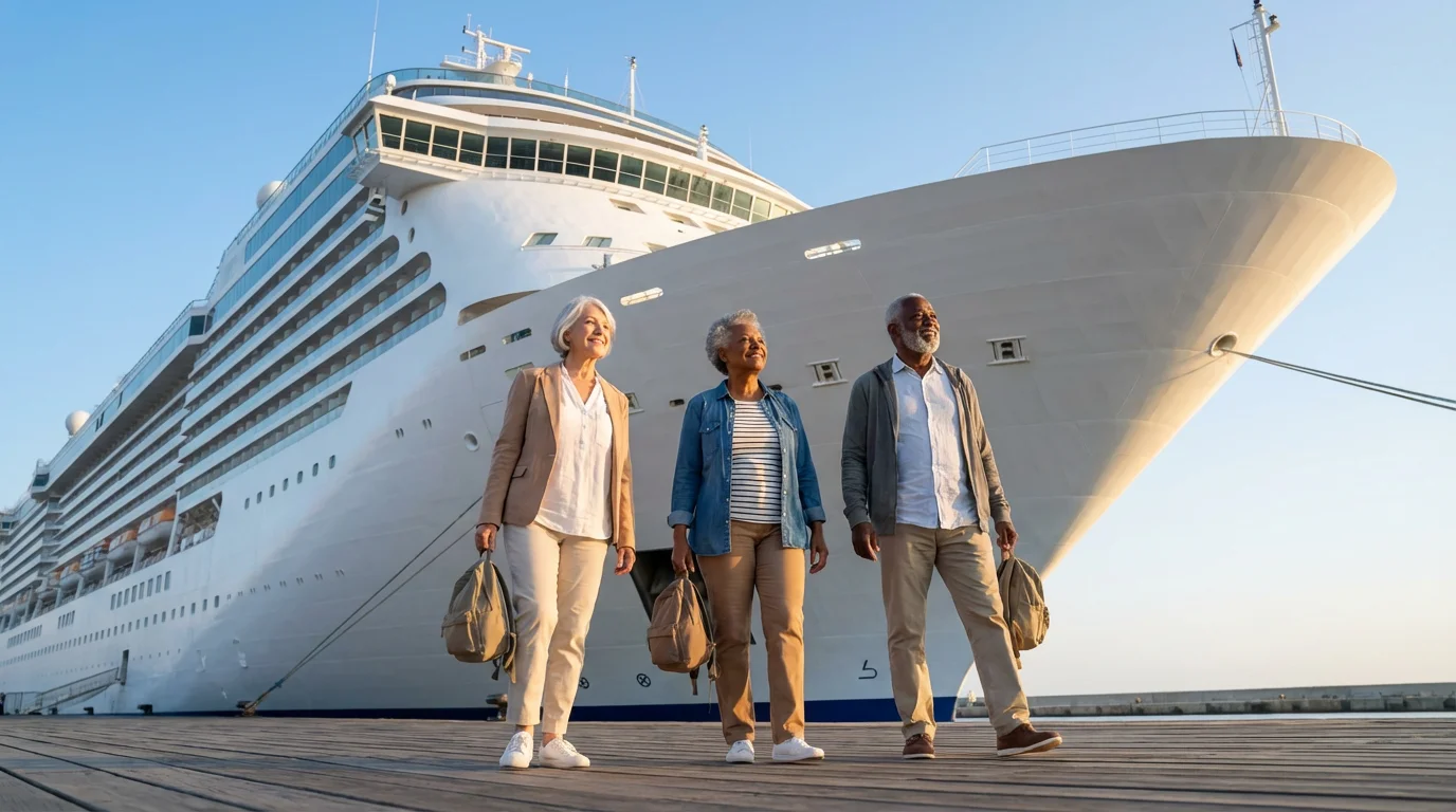 A low angle view of three happy seniors standing on a dock by a cruise ship.