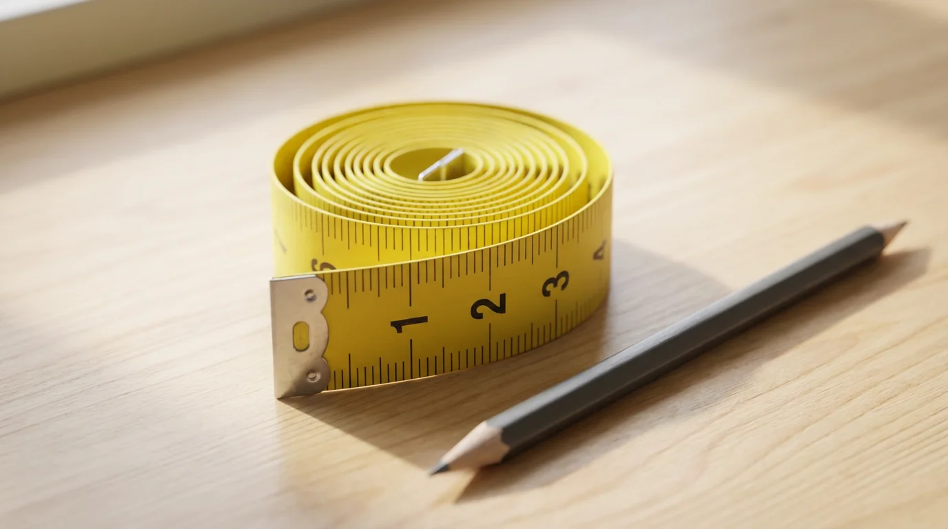 A macro photograph of a coiled yellow measuring tape and a pencil on wood.