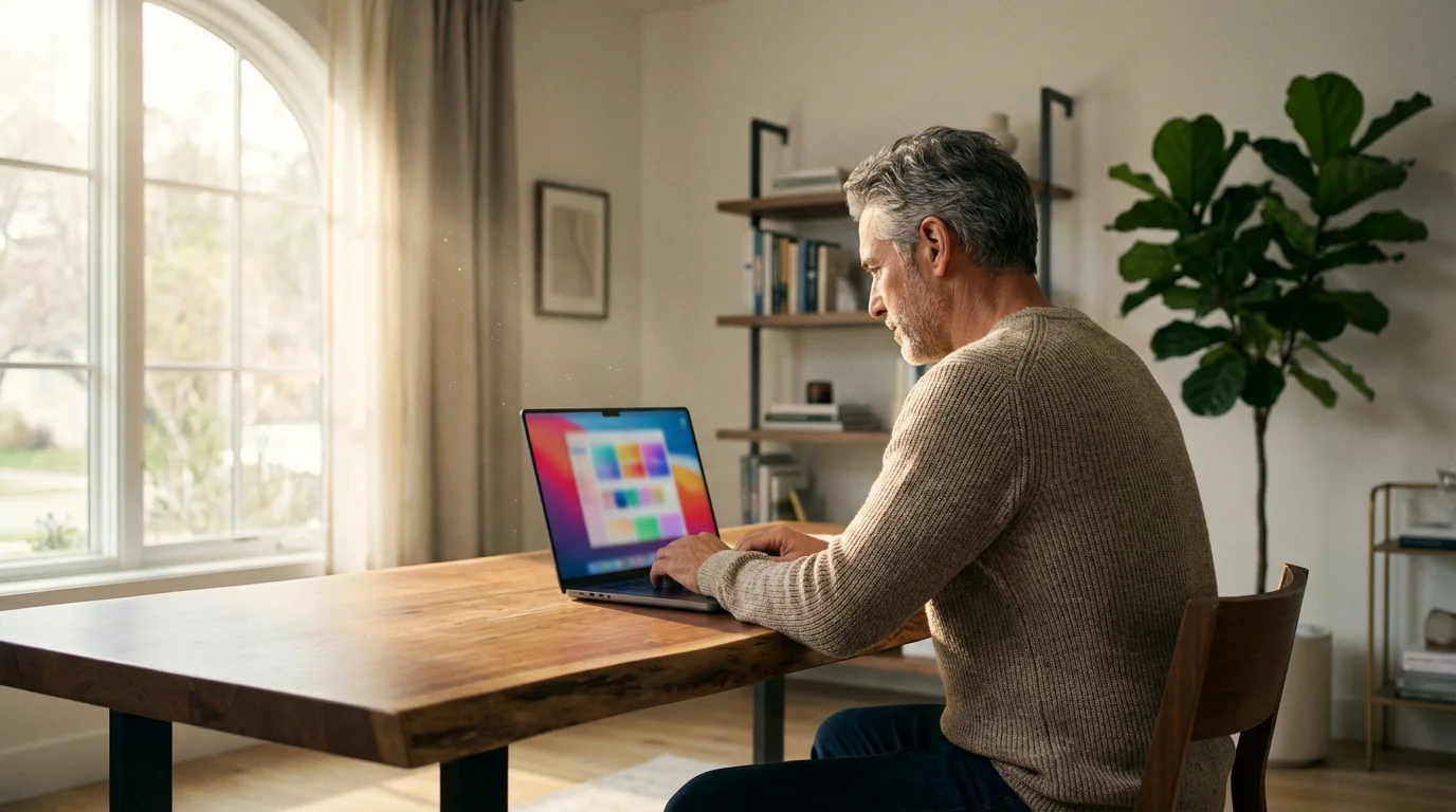 A man at a desk in a sunlit home office searching for online courses.