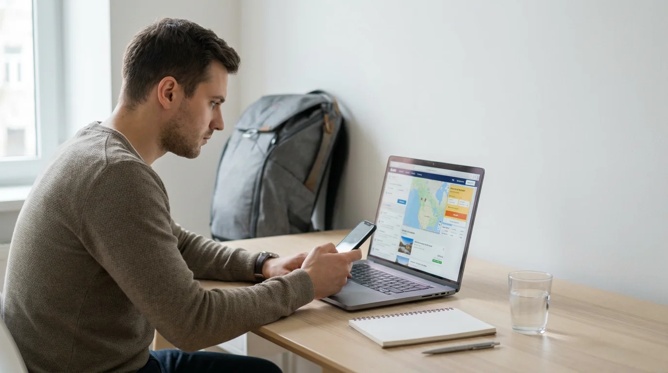 A man at a desk uses a laptop and smartphone to plan a trip.