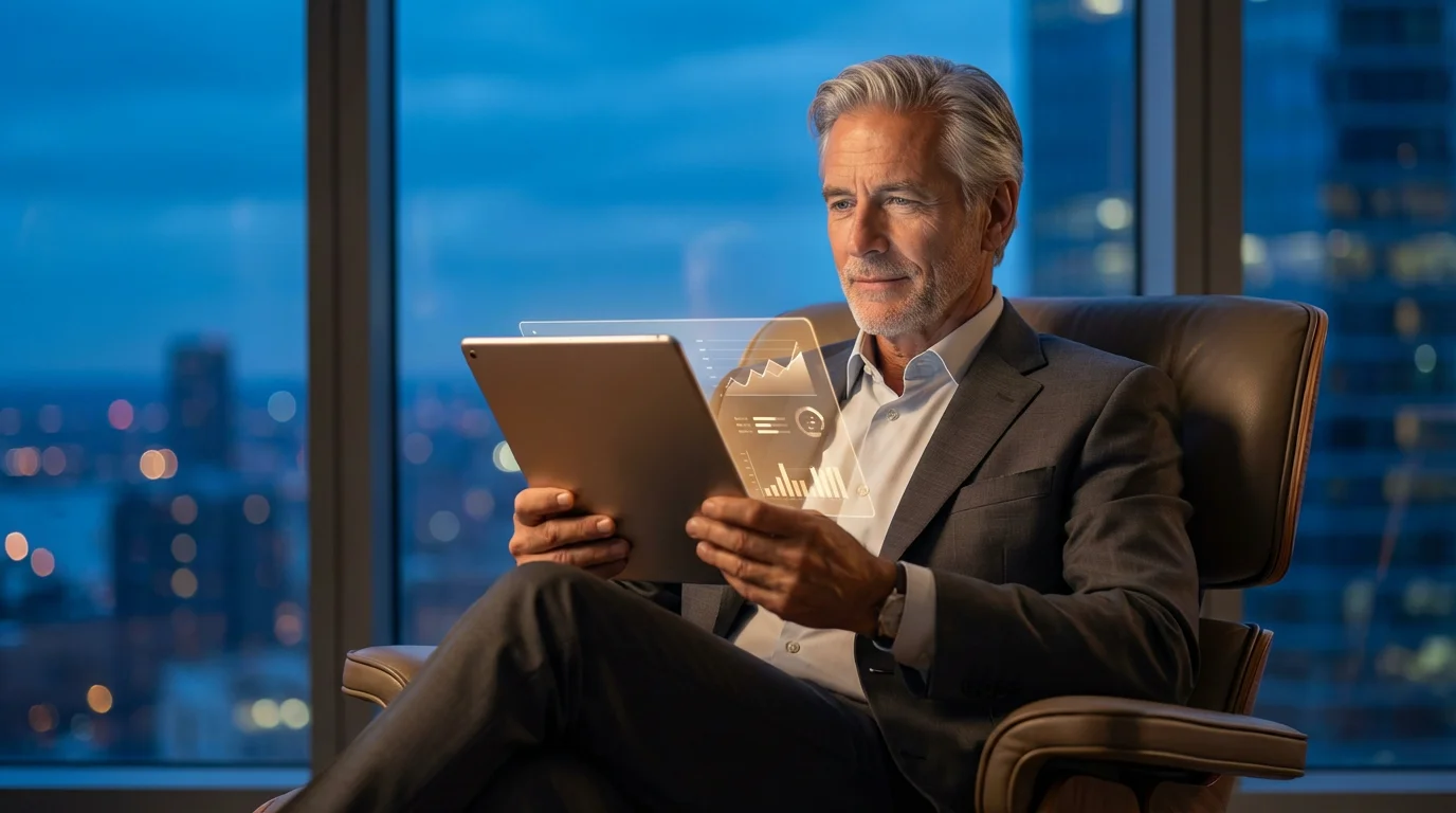 A man confidently reviews abstract financial data on a tablet in a modern apartment.