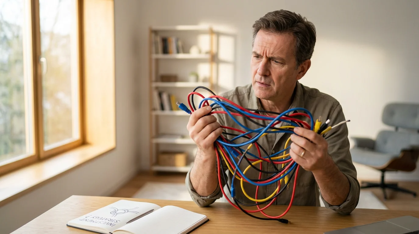 A man in a modern office looks thoughtfully at a large tangle of cables.