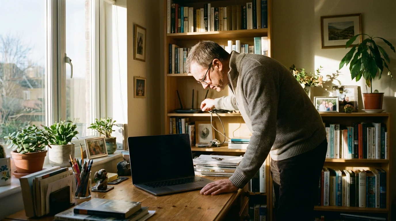 A man in a sunlit home office checks his internet router before a telehealth call.