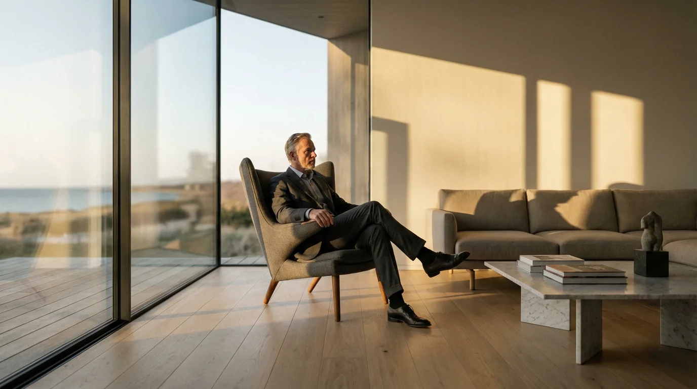 A man in his 60s sits in a modern living room, contemplating future financial planning.
