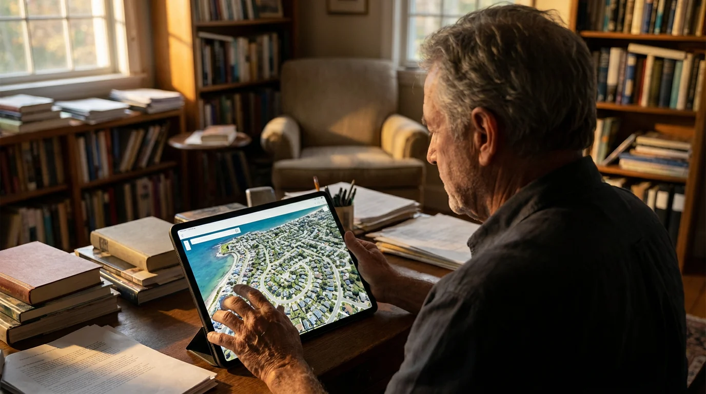 A man in his 60s uses a tablet to research retirement locations on a map.