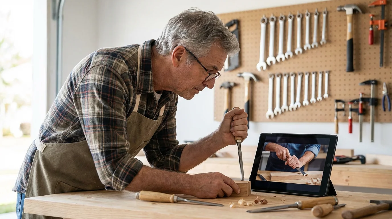 A man in his late 60s in his workshop, learning woodworking from a tablet.