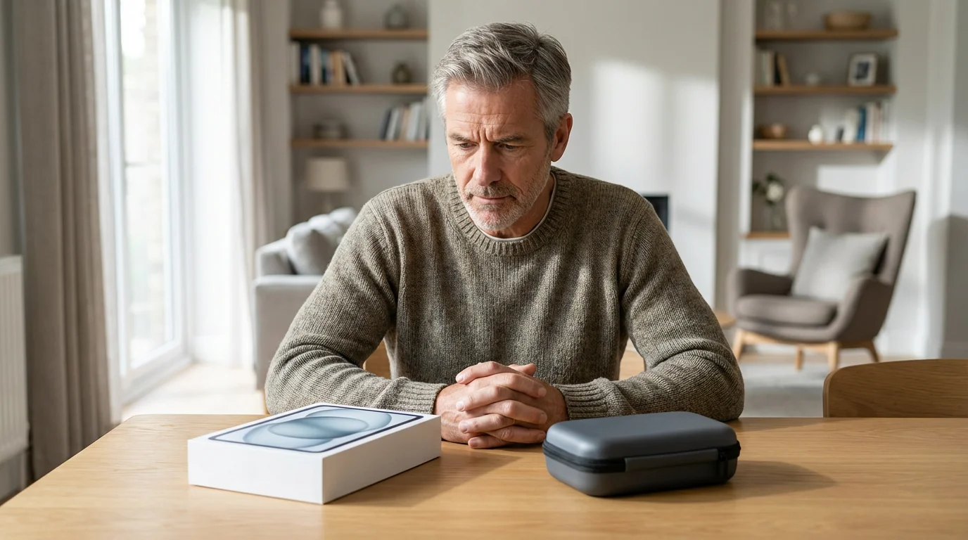 A man sits at a table contemplating two different hearing aid packages, one retail and one clinical.