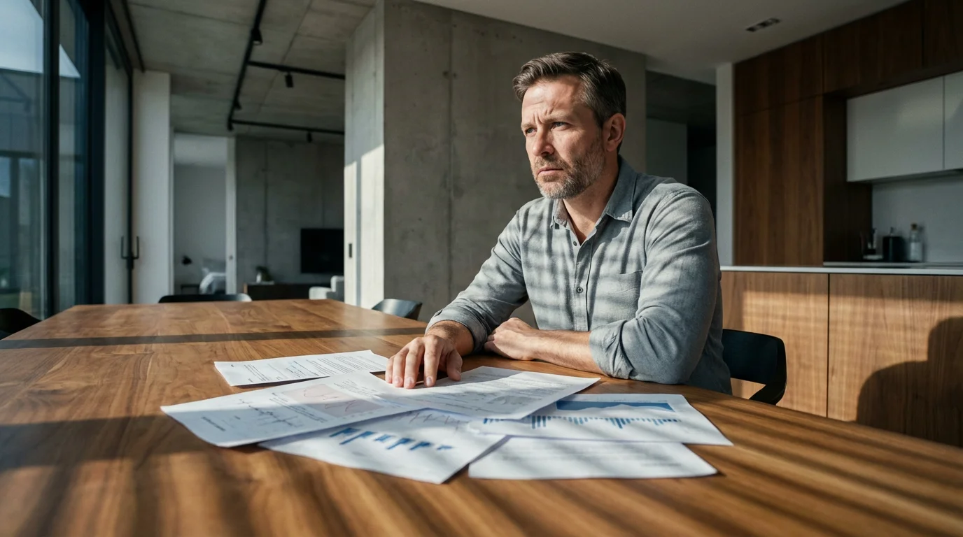 A man sits thoughtfully at a table with medical reports in moody afternoon light.