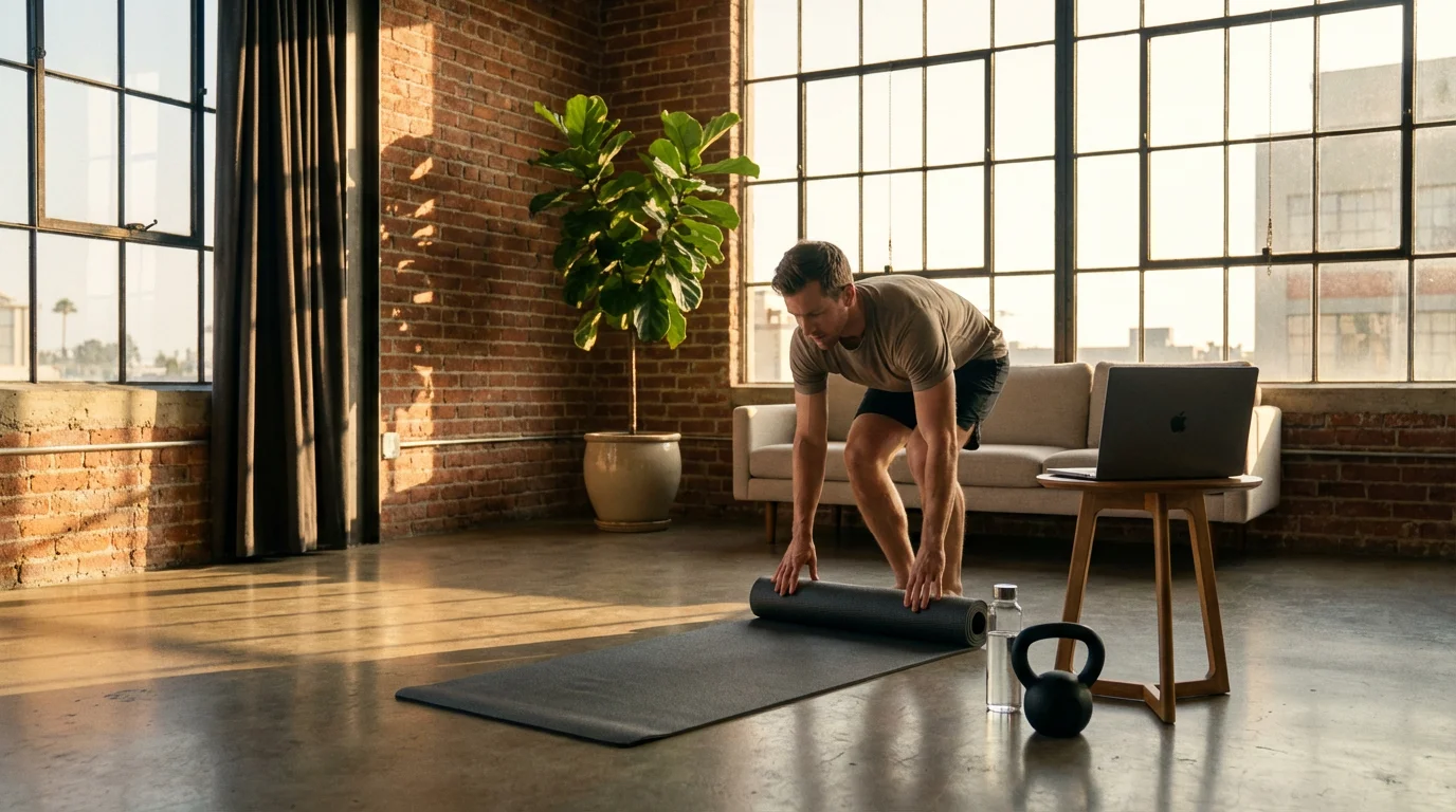 A man unrolls a yoga mat in his sunlit loft, setting up a home workout.