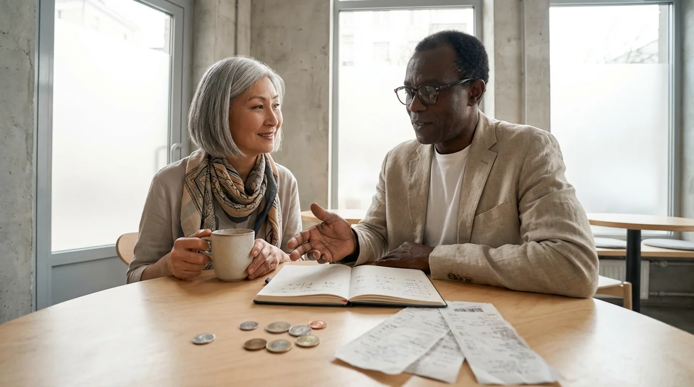 A mature couple at a cafe table reviewing a notebook and receipts for travel budgeting.