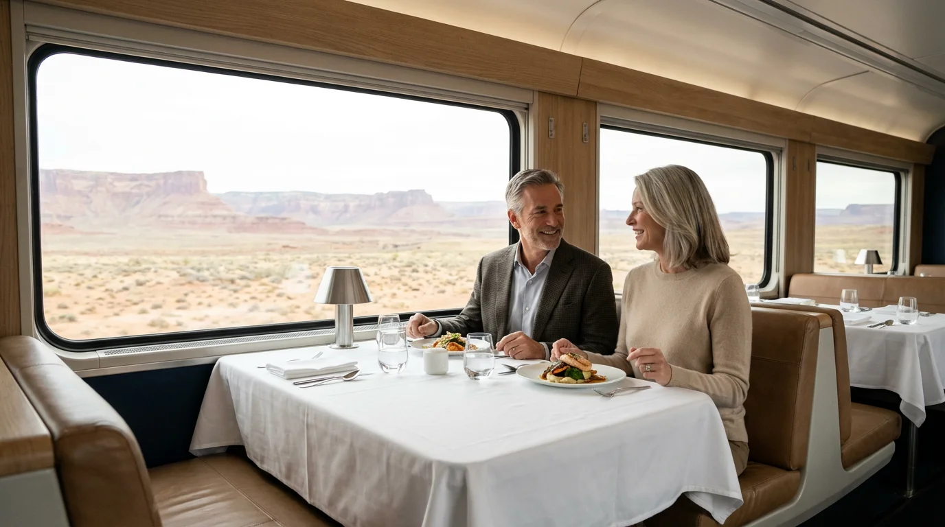 A mature couple dines in a modern train car with expansive desert views.