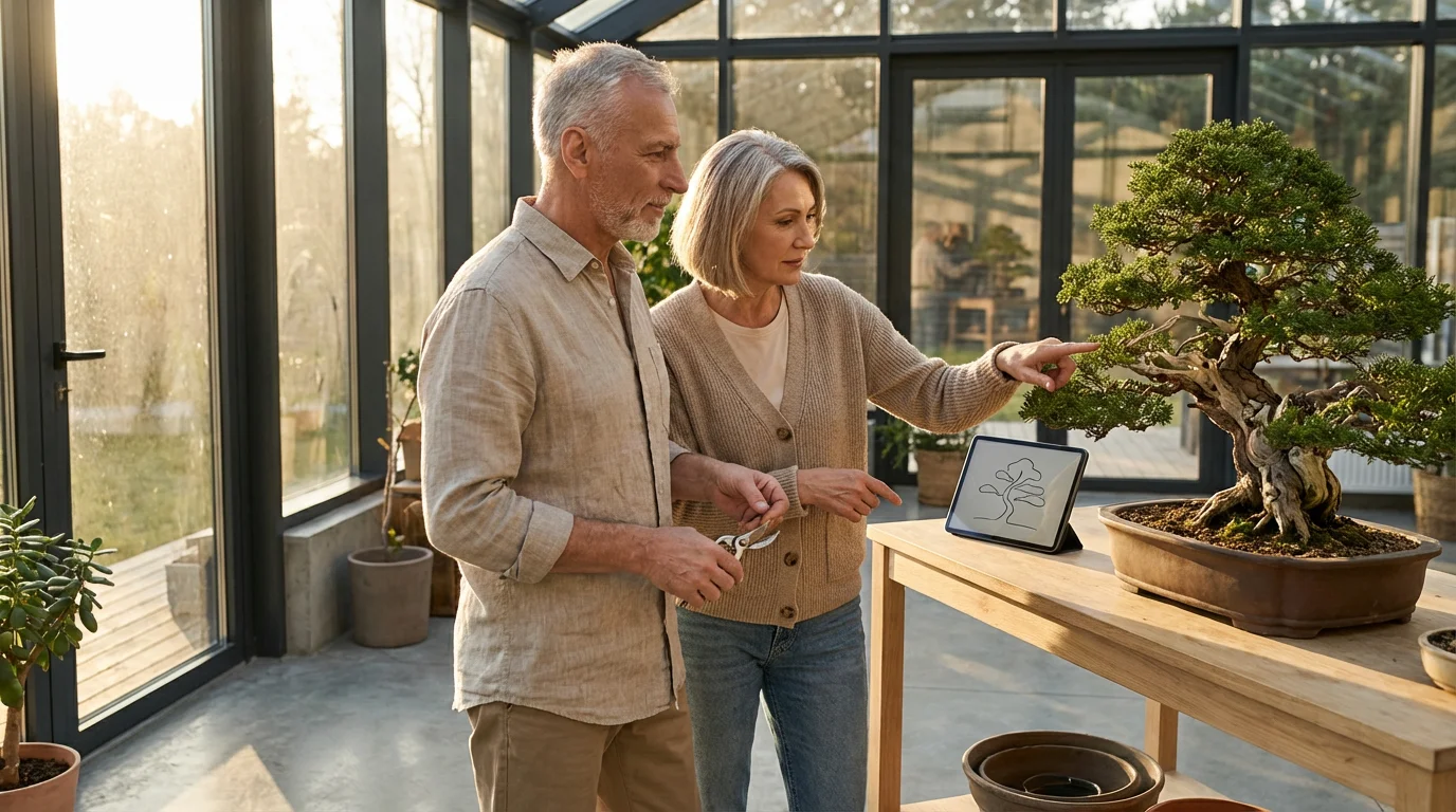 A mature couple in a sunlit room tending to a bonsai tree with a tablet.