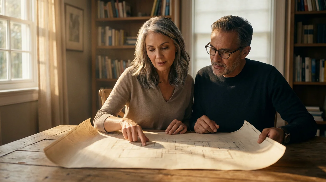 A mature couple in their late 50s reviewing architectural blueprints in a sunlit room.