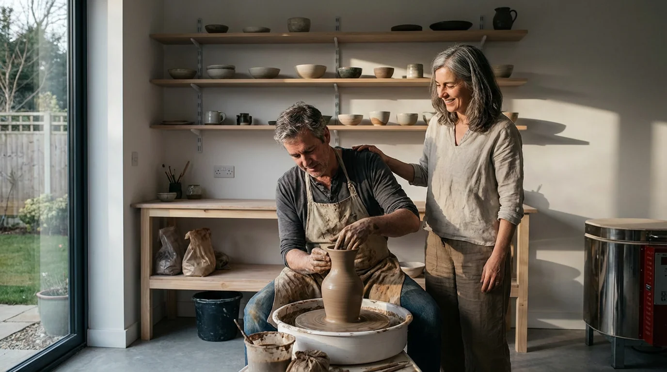 A mature couple making pottery together in their sunlit home studio in the afternoon.