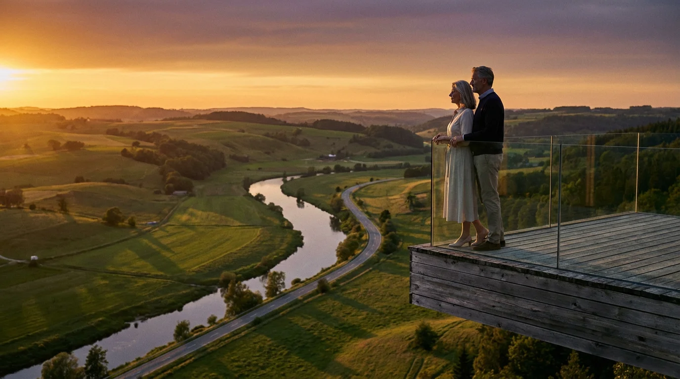 A mature couple on a modern observation deck overlooking a vast valley with multiple paths.