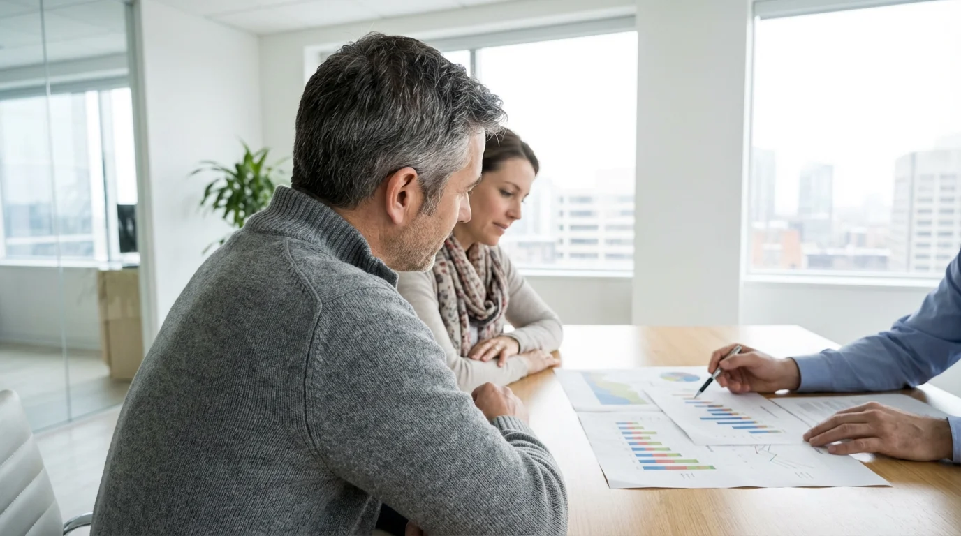 A mature couple reviews financial documents with an advisor in a bright, modern office.