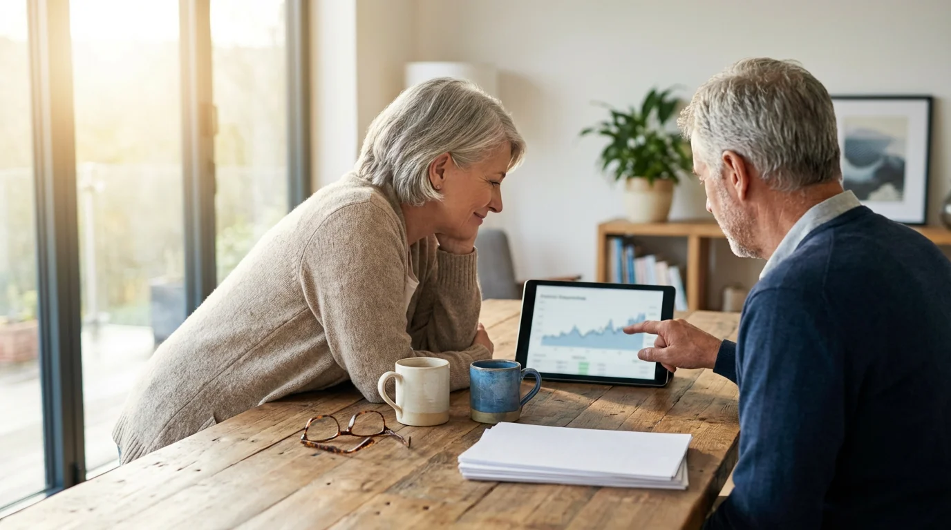 A mature couple sits at a desk reviewing financial plans on a tablet together.